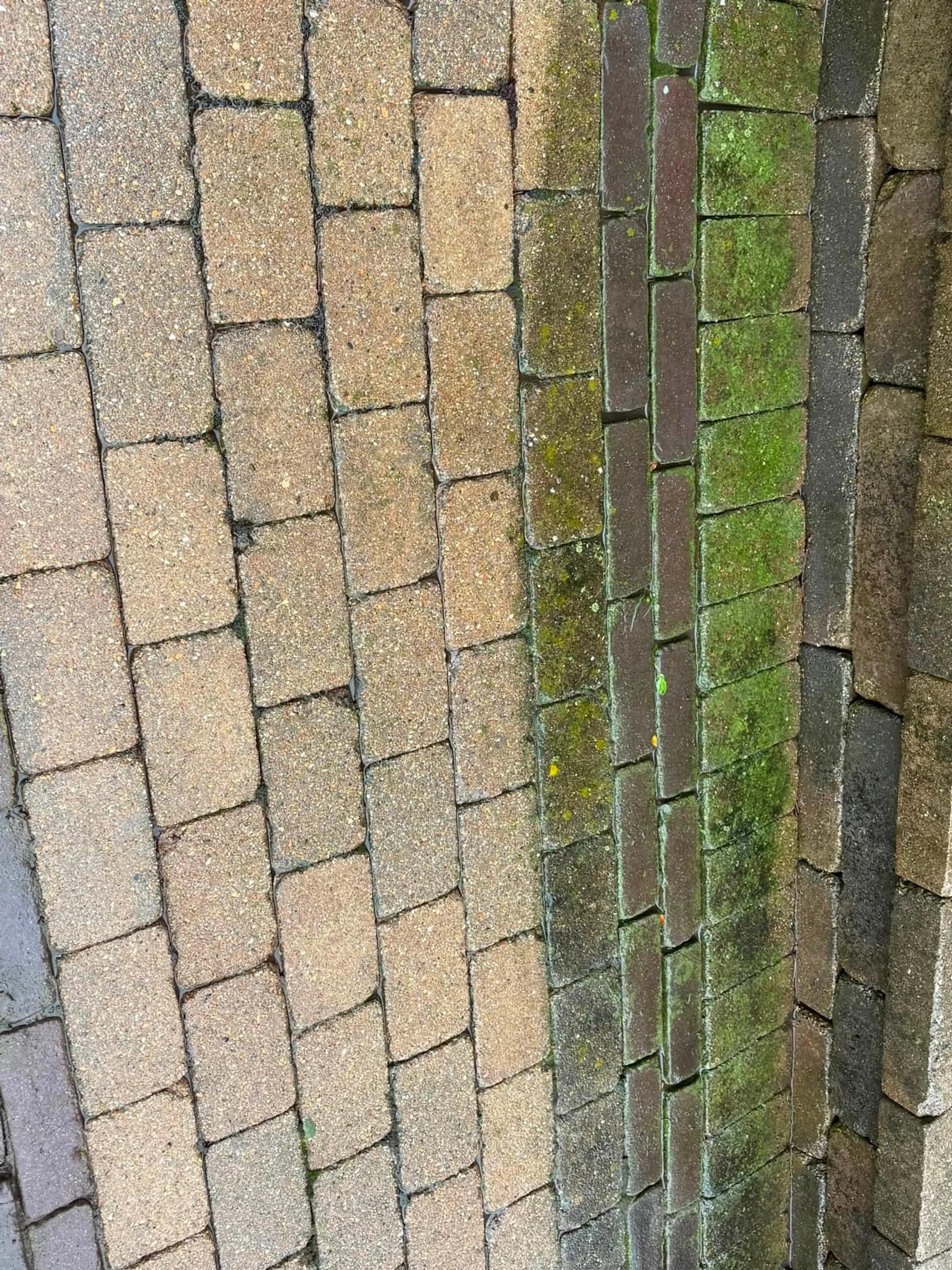 Paver patio mid-clean, a bright washed strip beside the weathered surface